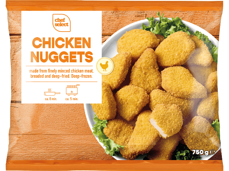 Panerade och friterade kycklingnuggets, djupfrysta, 750g.