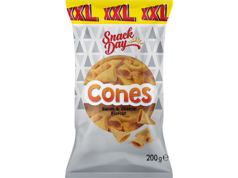 Påse med konformade chips med bacon- och ostsmak, XXL-storlek, 200g.