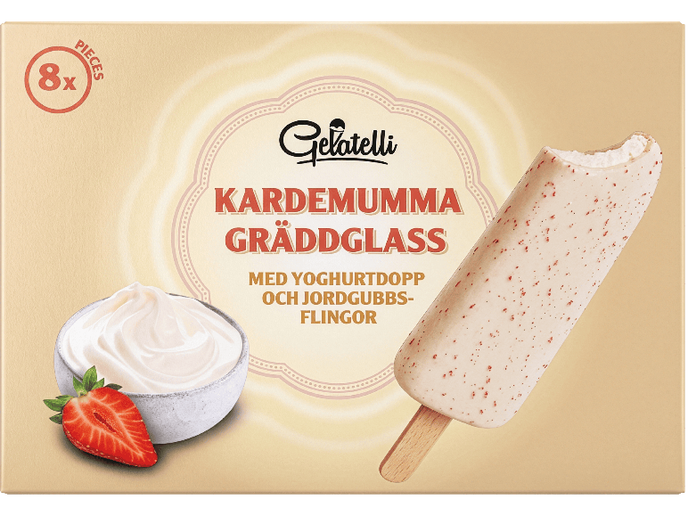 Gelatelli kardemummargräddglass med yoghurtdopp och jordgubbsflingor, 8-pack