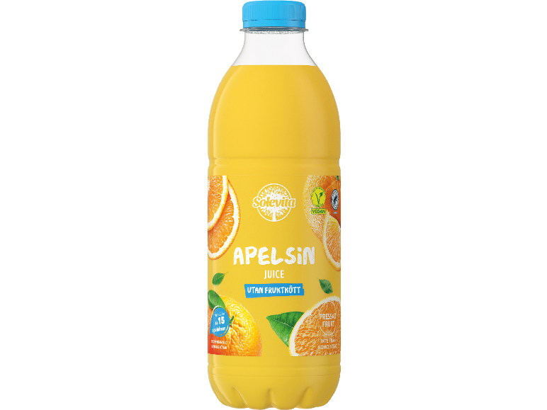 Solevita apelsinjuice utan fruktkött, med texten 'PRESSAD FRUKT INTE FRÅN KONCENTRAT'.