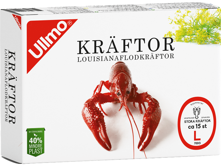 Förpackning med frysta flodkräftor från Louisiana, med information om 40% mindre plast.