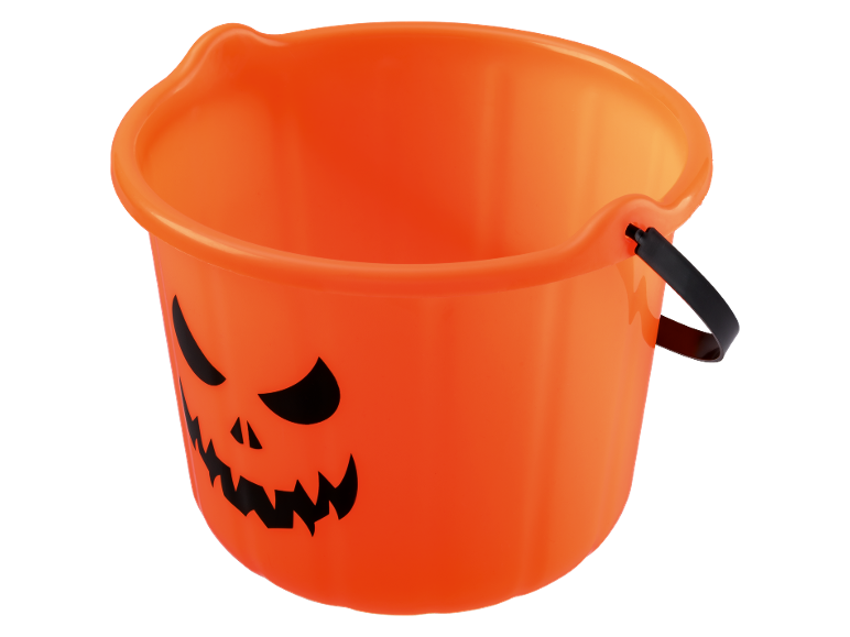 Orange Halloween-hink med snidat pumpaansikte och svart handtag.