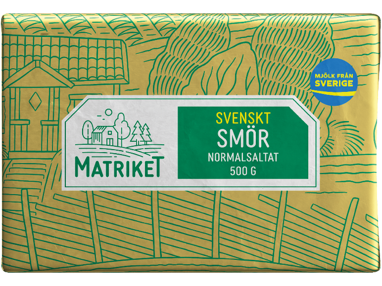 Förpackning svenskt smör 500g, normalsaltat, med teckning av bondgård.