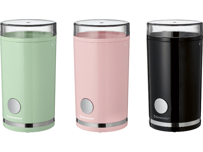 Tre elektriska kaffekvarnar i mintgrön, rosa och svart med transparenta lock.