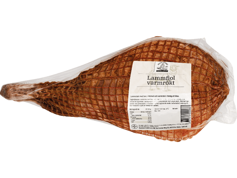 Varmrökt lammfiol i vakuumförpackning med etikett.