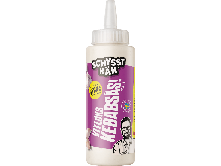 Vitlökskebabsås i klämflaska, 250 ml, med en tecknad man och vitlöksklyftor.