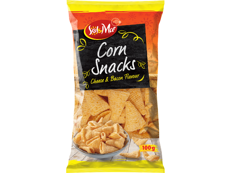 Förpackning med majssnacks med ost- och baconsmak, 100 g.