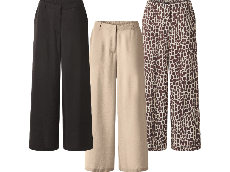 Tre par vida byxor: svarta, beige och med brunt mönster.