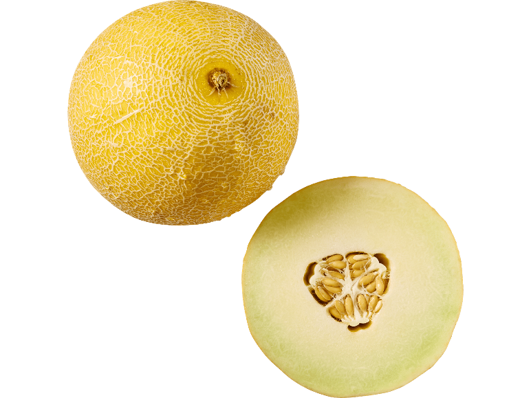 Hel och halverad gul melon med synliga frön mot svart bakgrund.