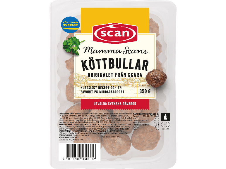 Förpackning svenska köttbullar med tillagningsanvisningar och näringsinformation.