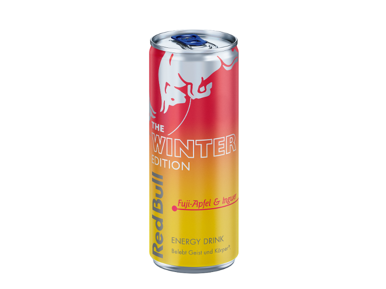 Vinterutgåva energidrycksburk med smak av Fuji-äpple och ingefära.