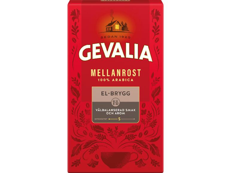 Röd kaffeförpackning med husillustration, text 'MELLANROST 100% ARABICA' och intensitetsskala.