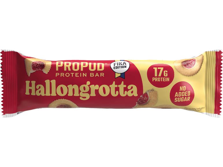 Proteinbar med smak av hallongrotta, som innehåller 17g protein och inget tillsatt socker.