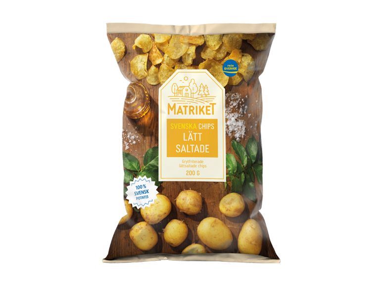 Påse lättsaltade potatischips med hela potatisar och saltkristaller, 100% svensk potatis.