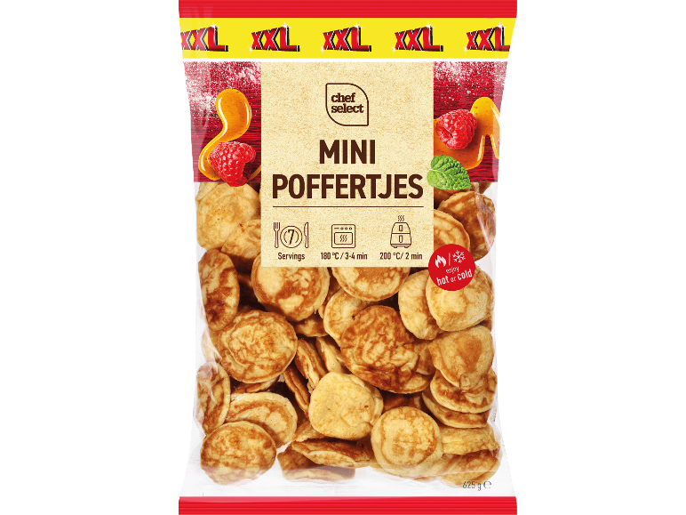 Mini poffertjes i förpackning med tillagningsinstruktioner och serveringsförslag.