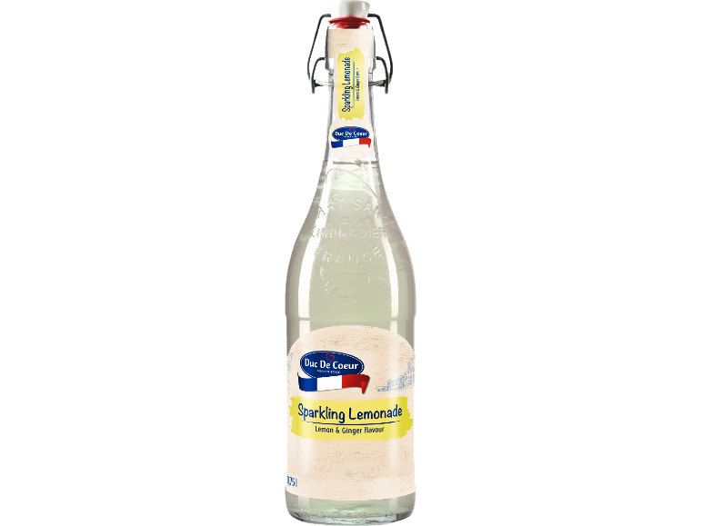 Flaska mousserande lemonad med citron- och ingefärssmak.