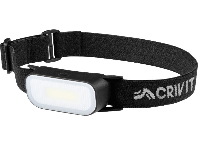 Svart LED-pannlampa med justerbart elastiskt band och vit logotyp.