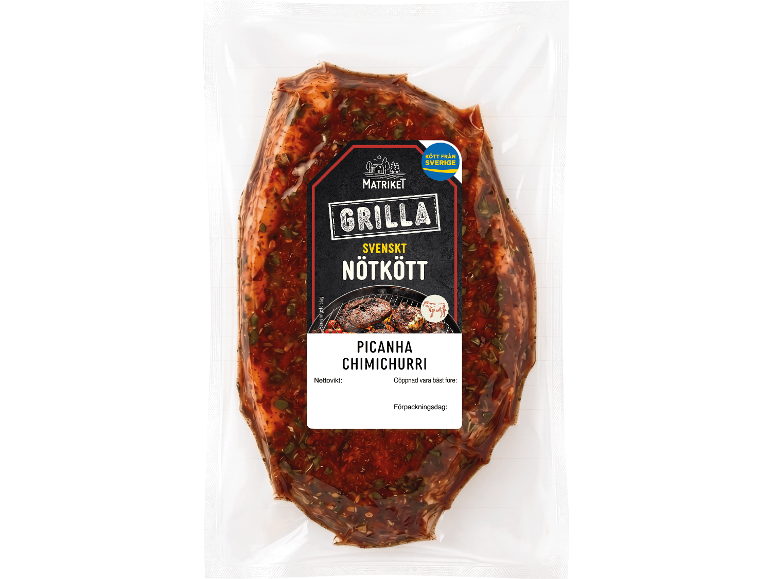 Vakuumförpackad marinerad nötköttspicanha med chimichurri, med etikett 