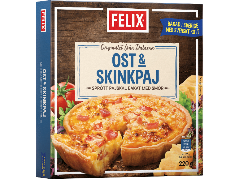 Förpackning med ost- och skinkpaj, med texten 'Originalet från Dalarna' och 220g vikt.