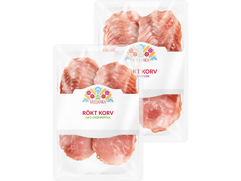 Två förpackningar rökt korv Pikok Kindziuk med kryddor.