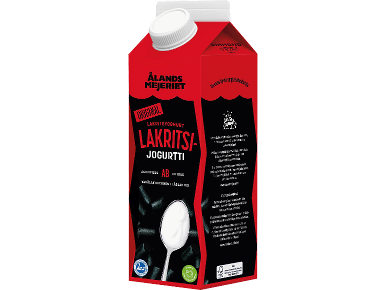 Lakritsyogurtförpackning med en sked vit yoghurt, med text om miljöval.