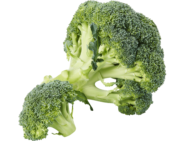 Färska gröna broccolibuketter med synliga stjälkar och blad på svart bakgrund.