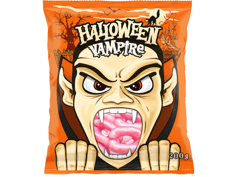 HALLOWEEN Dracula Vampirgebiss 200g gelégodis i förpackning med vampyrmotiv