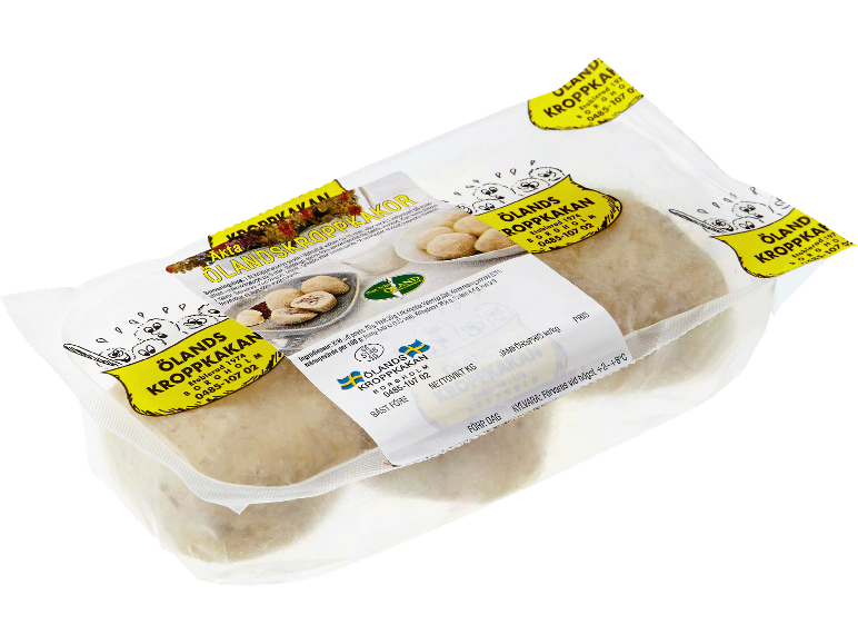 Förpackade svenska kroppkakor med tillagningsinstruktioner och näringsinformation.