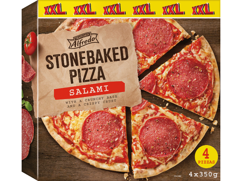 Stenugnsbakad salamipizza med krispig botten, 4 stycken à 350g.