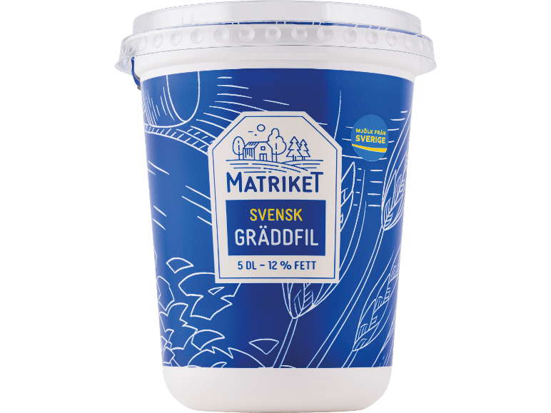 Mugg med svensk gräddfil, 5 dl – 12% fett, med lantligt tema.