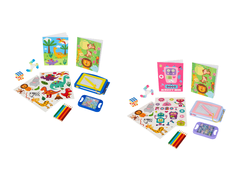 Två barnaktivitetspaket med böcker, klistermärken, kritor och spel.