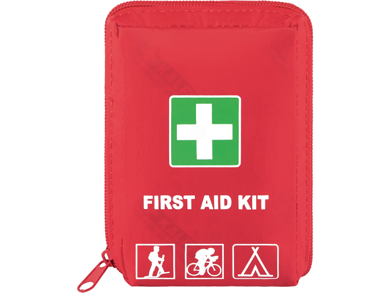 Röd första hjälpen-kit med grönt kors, lämplig för vandring, cykling och camping.