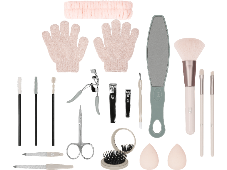Skönhetsset med exfolierande handskar, hårband, nagelklippare, borstar och svampar.