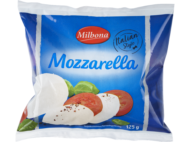 Mozzarella-förpackning med tomatskivor och basilika, italiensk stil, 125 g.