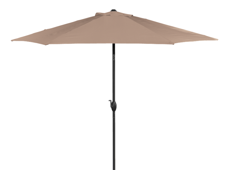 Beige uteplatsparasoll med vevhandtag