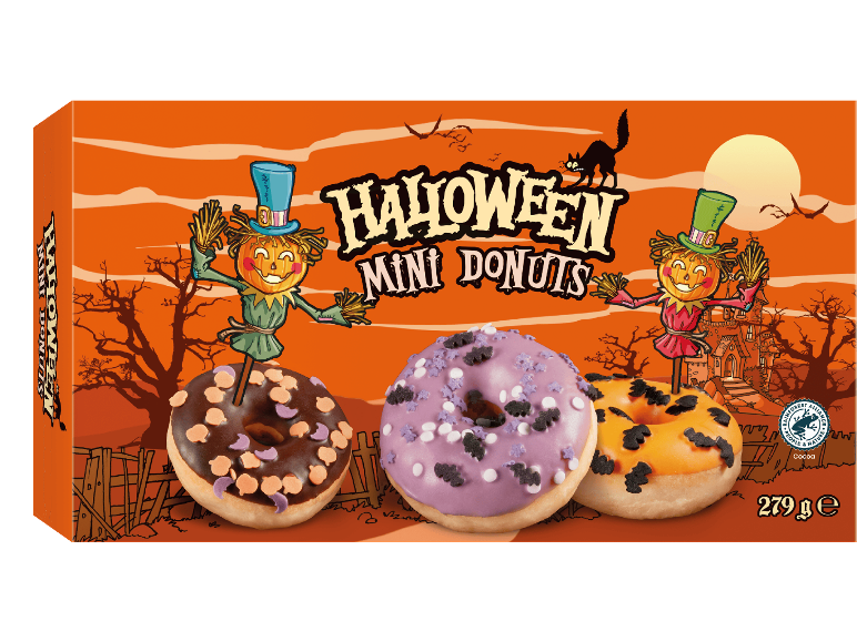 Halloween Mini Donuts-box med tre dekorerade munkar och läskiga illustrationer.