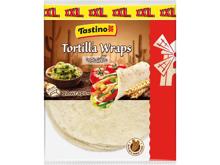 Förpackning med naturella tortillabröd, 12 stycken, 25 cm, med 69% vetemjöl.