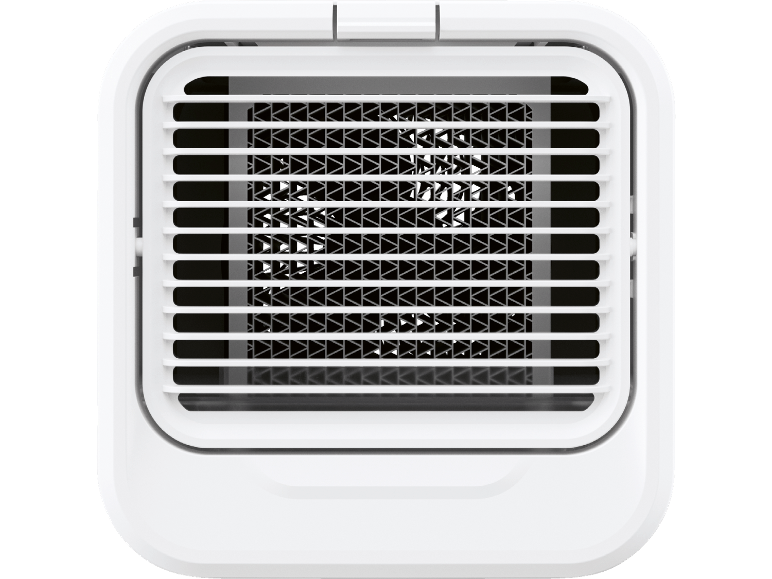 Toppvy av en vit luftrenare med ventilationsgaller.