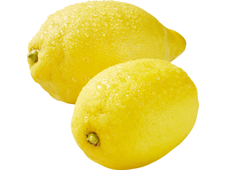 Två färska citroner med vattendroppar på en svart bakgrund.