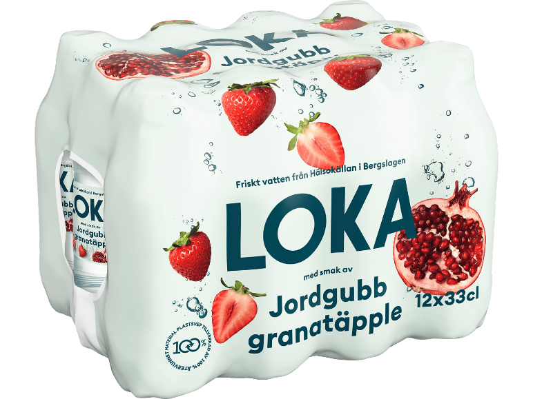 Förpackat kolsyrat vatten med smak av jordgubb och granatäpple, 12x33cl.
