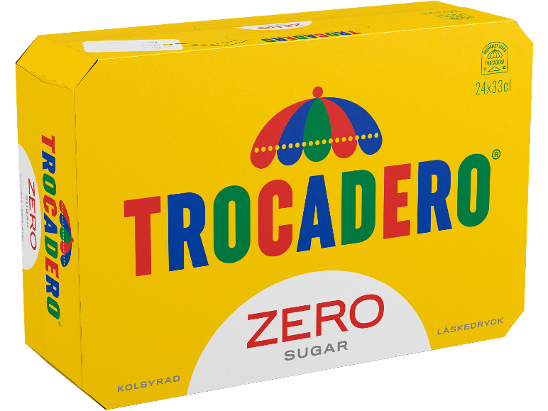 Gul förpackning kolsyrad dryck utan socker, 24x33cl, med färgglad paraplylogotyp.