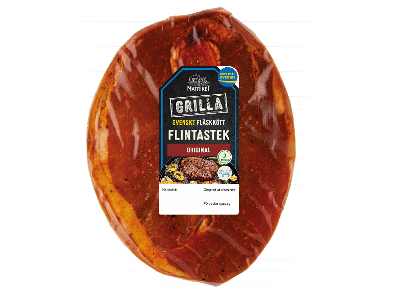 Marinerad fläskkarré för grillning, med etikett 