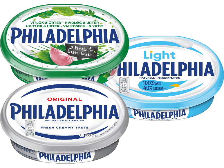 Tre förpackningar Philadelphia färskost: Vitlök & Örter, Light och Original.