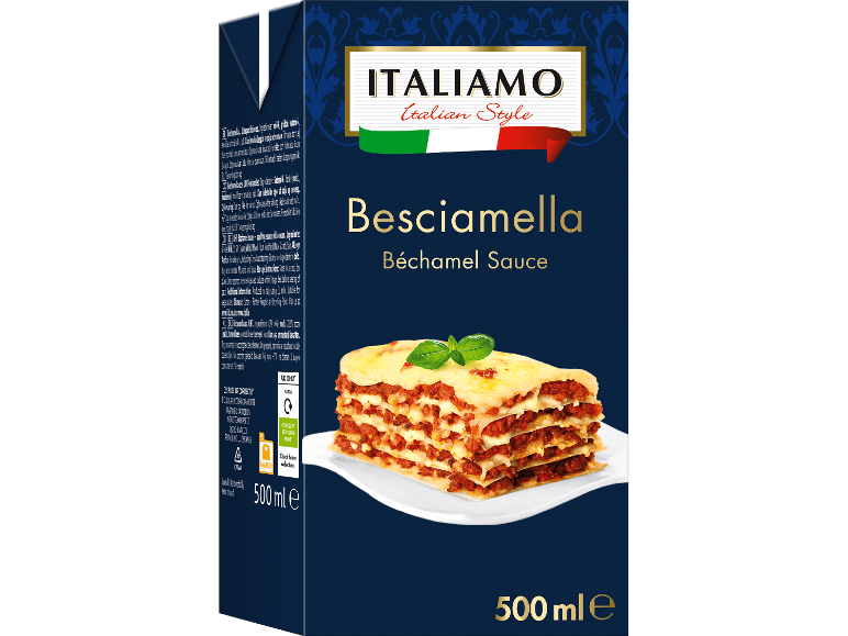 Italiensk bechamelsås i förpackning med bild av lasagne.