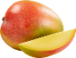 En mogen mango och en skiva med röda, gula och gröna nyanser.
