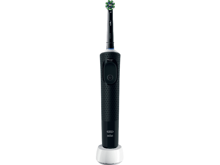Svart Oral-B eltandborste på ett vitt laddningsställ.