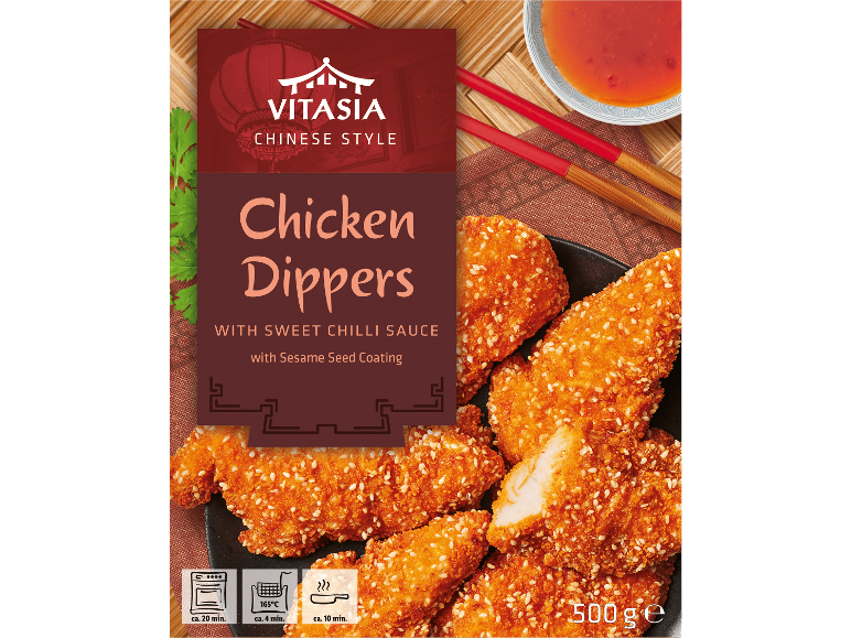 Kycklingdippers i kinesisk stil med söt chilisås och sesam, 500g.