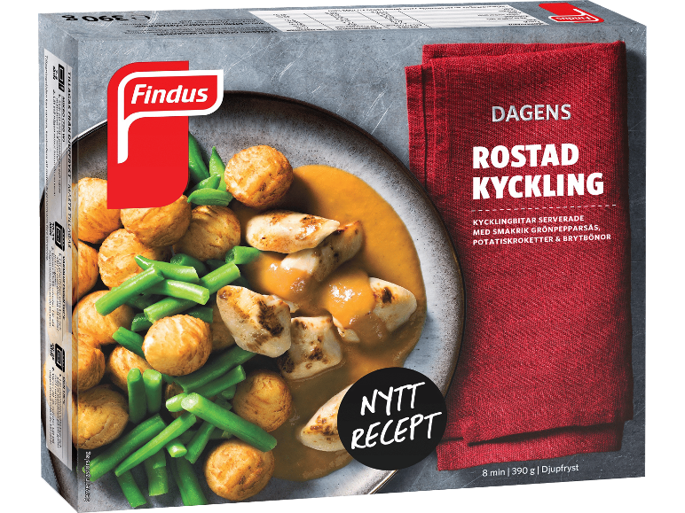 Fryst färdigrätt med rostad kyckling, grönpepparsås, potatiskroketter och brytbönor.