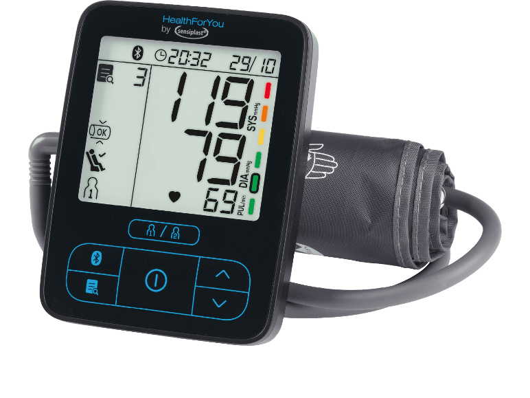 Sensiplast HealthForYou överarm blodtrycksmätare med digital display och manschett.