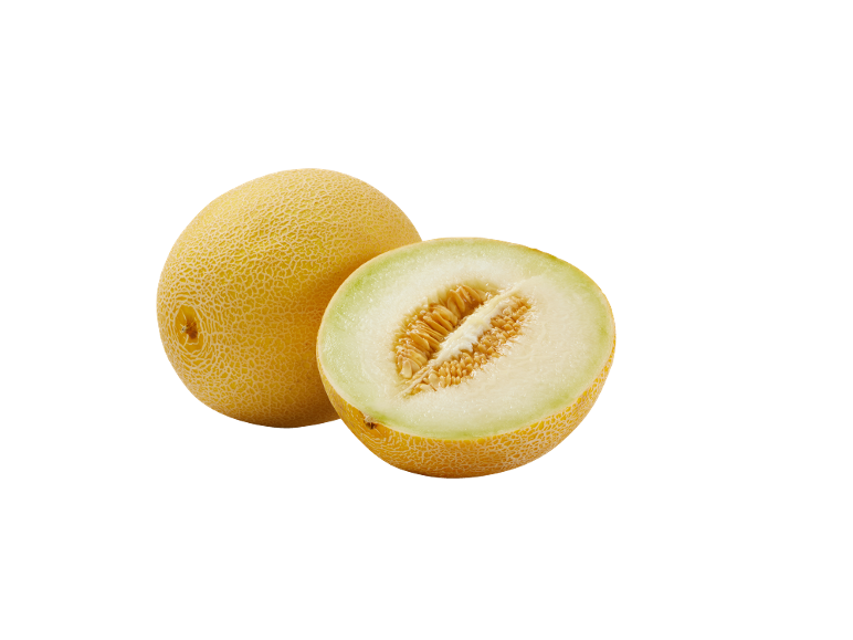 Färsk melon, hel och halverad, med synliga frön.